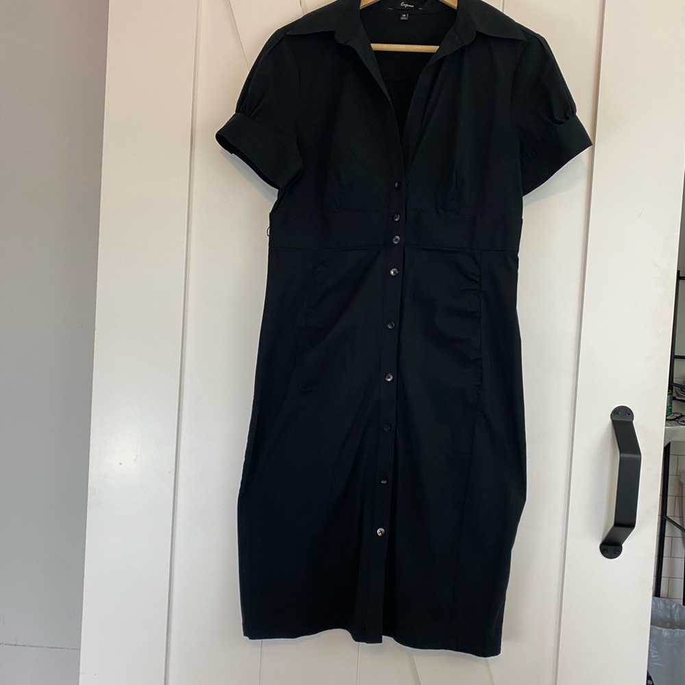 Express Black Buttoned Midi Dress with Notched Collar Preppy